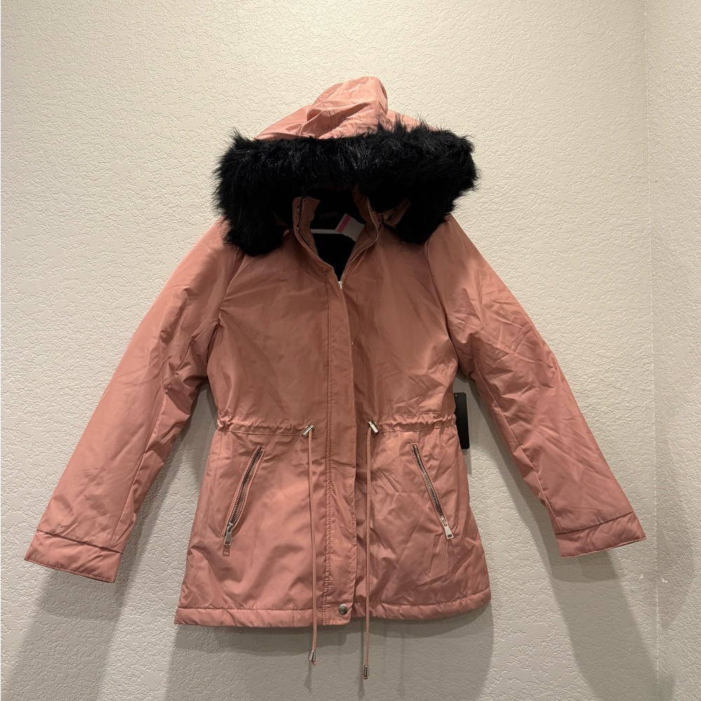 Ambiance Outerwear size S Women's Salmon Hooded Jacket with Black Faux Fur Trim